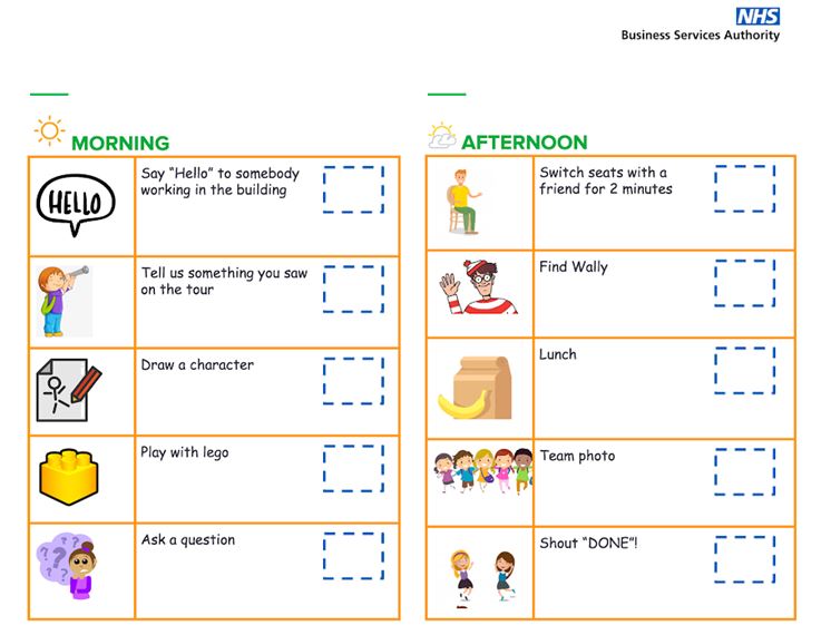 Activity sheet for children with tick boxes for each task they are going to do.