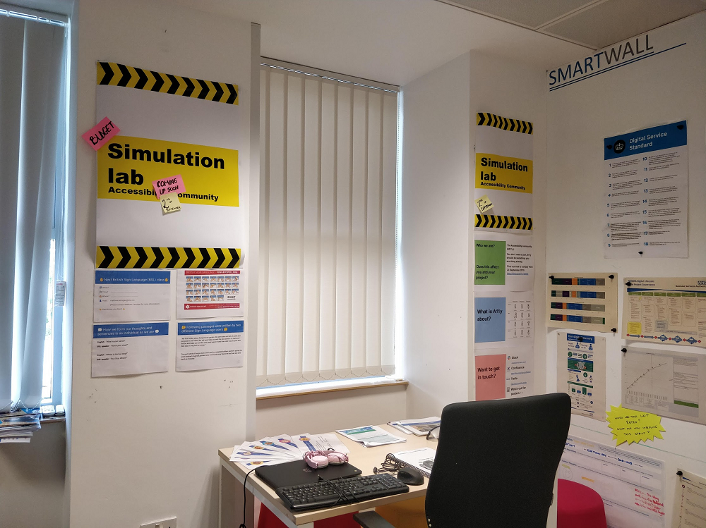 Office desk surrounded with posters and different technology.